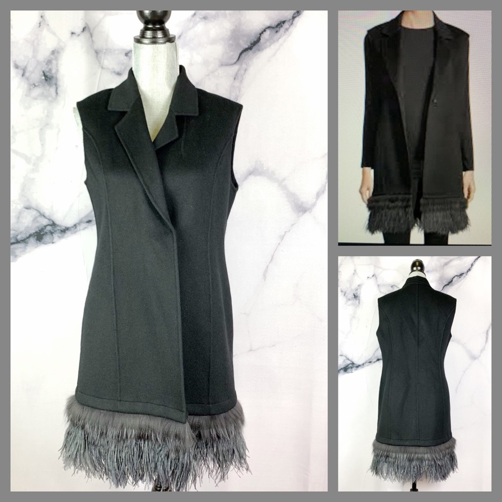Neiman Marcus Cashmere Collection Black Vest W/ Ostrich Feather Trim